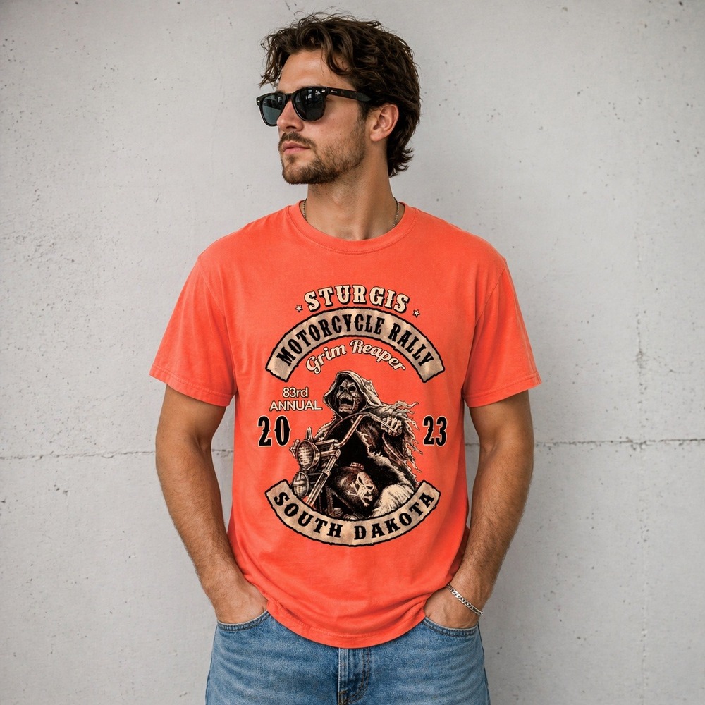 Sturgis Motorcycle Rally 2023 Grim Reaper T-Shirt Orange Mens Small 83rd Annual